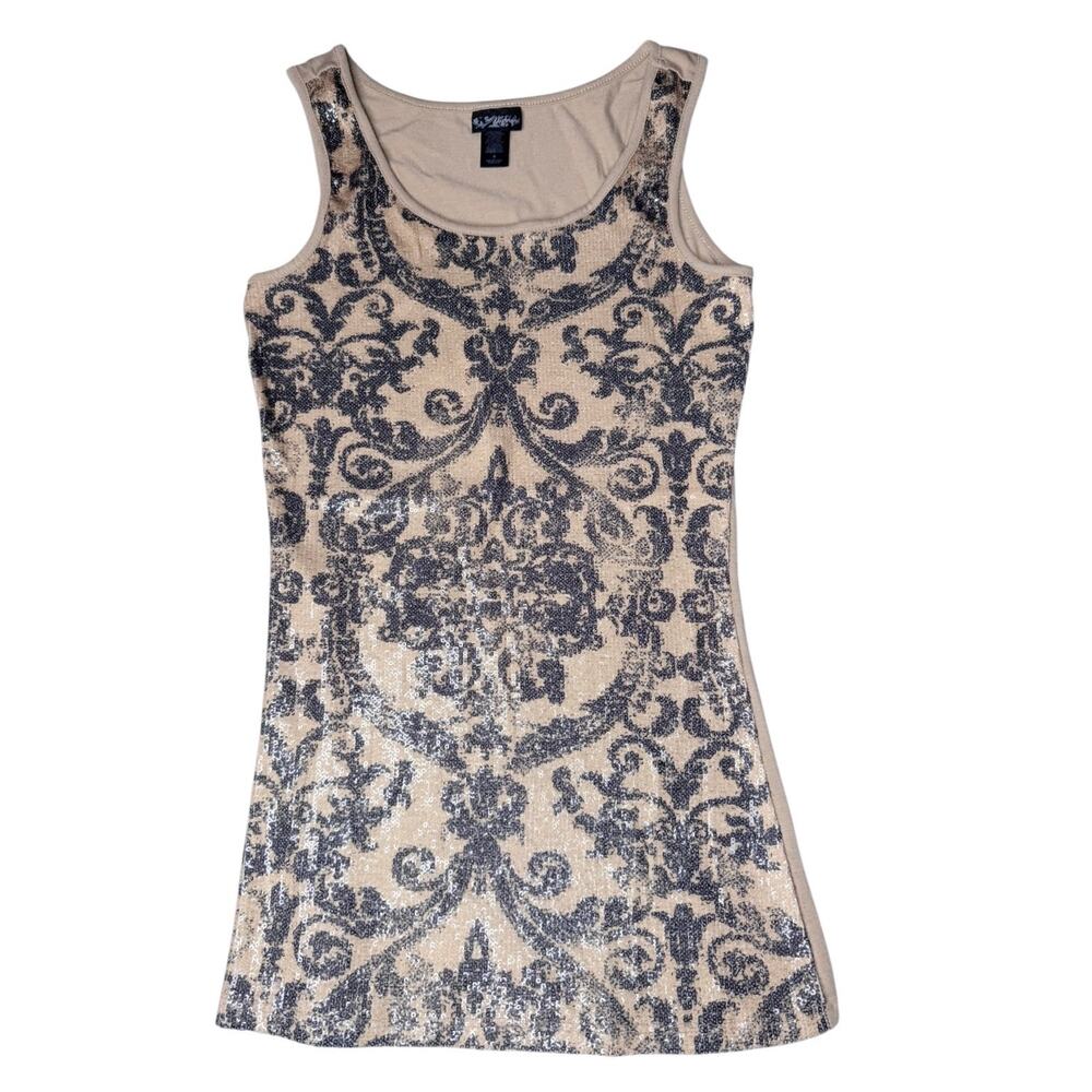 Daytrip Sequin Tank Top Women's Small Gray Gold Damask Baroque Sequins Design